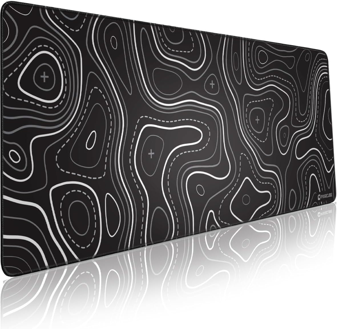 Minimalist Topographic Map Mouse Pad - Contour Extended Large Stitch Edge Mousepad. Black & White Non-Slip XL Gaming Desk Mat