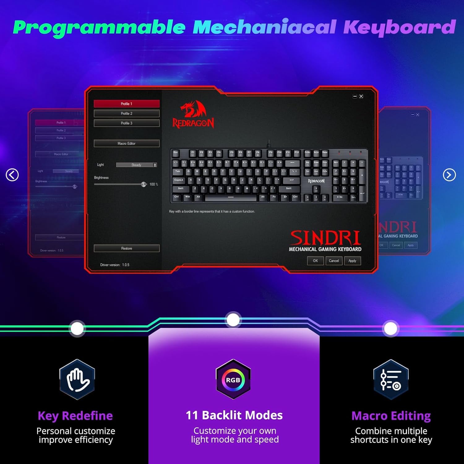 Mechanical Gaming Keyboard, Wired Mechanical Keyboard with 11 Programmable Backlit Modes, Hot-Swappable Red Switch, Anti-Ghosting, Double-Shot PBT Keycaps, Light up Keyboard for PC Mac