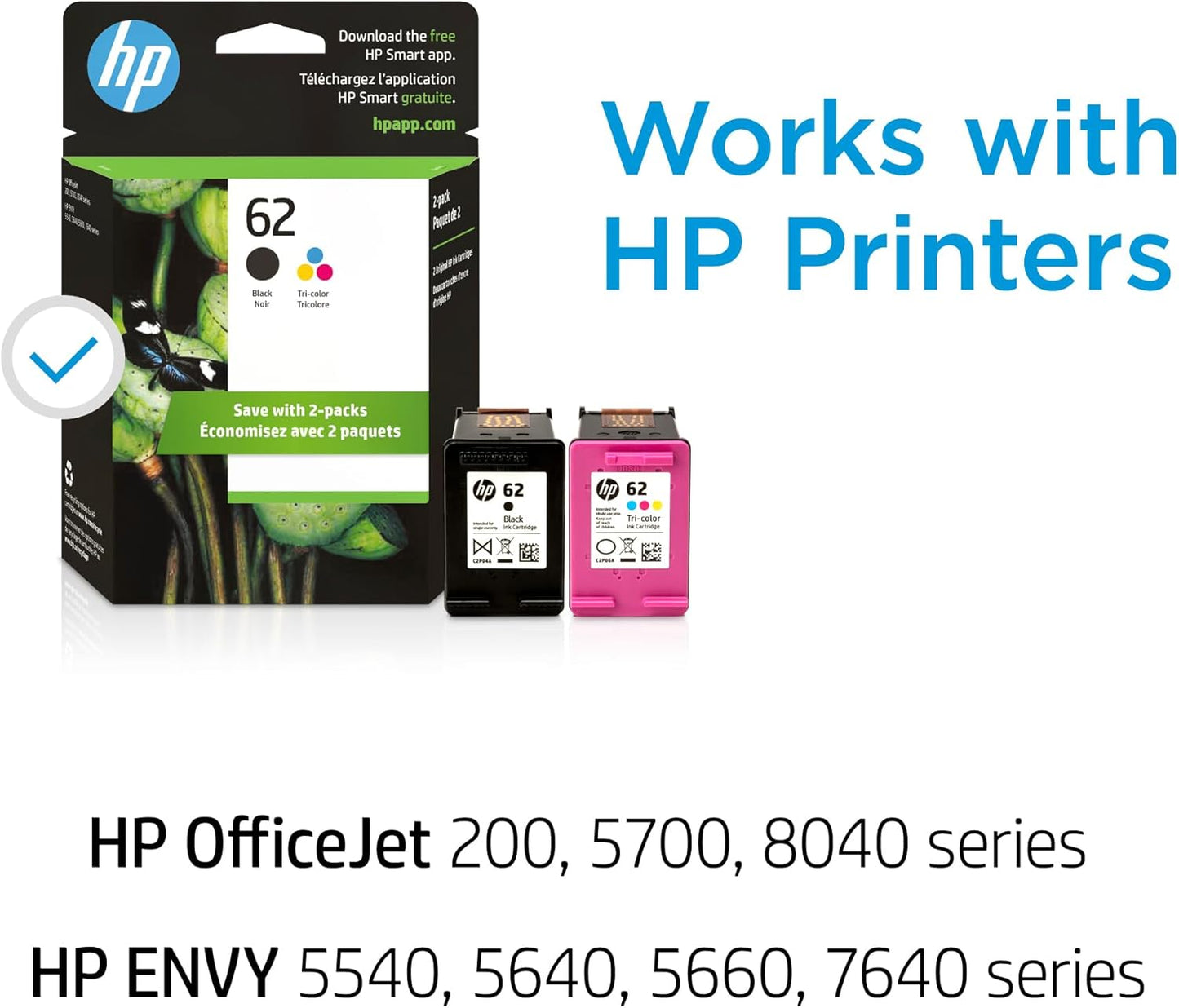 62 Black/Tri-Color Ink (2-Pack) | Works with  ENVY 5540, 5640, 5660, 7640 Series,  Officejet 5740, 8040 Series,  Officejet Mobile 200, 250 Series | Eligible for Instant Ink | N9H64FN