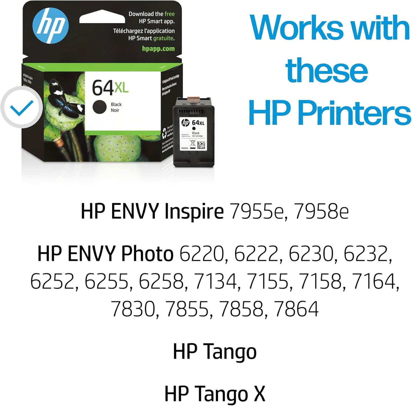 64XL Black High-Yield Ink Cartridge | Works with  ENVY Inspire 7950E; ENVY Photo 6200, 7100, 7800; Tango Series | Eligible for Instant Ink | N9J92AN