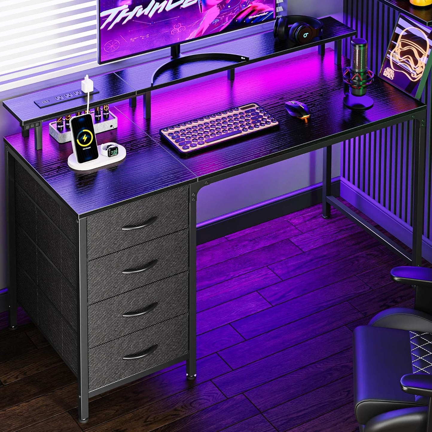 47 Inch Computer Desk with Power Outlets and LED Lights, Gaming Desk with 4 Drawers, Office Desk with Monitor Stand, Study Desk Work Desk for Home Office, Small Spaces, Black