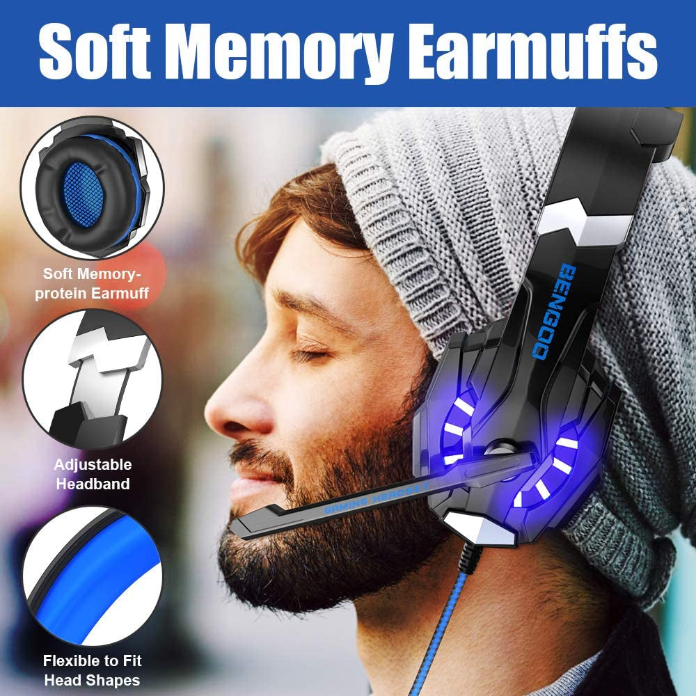 G9000 Stereo Gaming Headset for PS4 PC Xbox One PS5 Controller, Noise Cancelling over Ear Headphones with Mic, LED Light, Bass Surround, Soft Memory Earmuffs for Nintendo