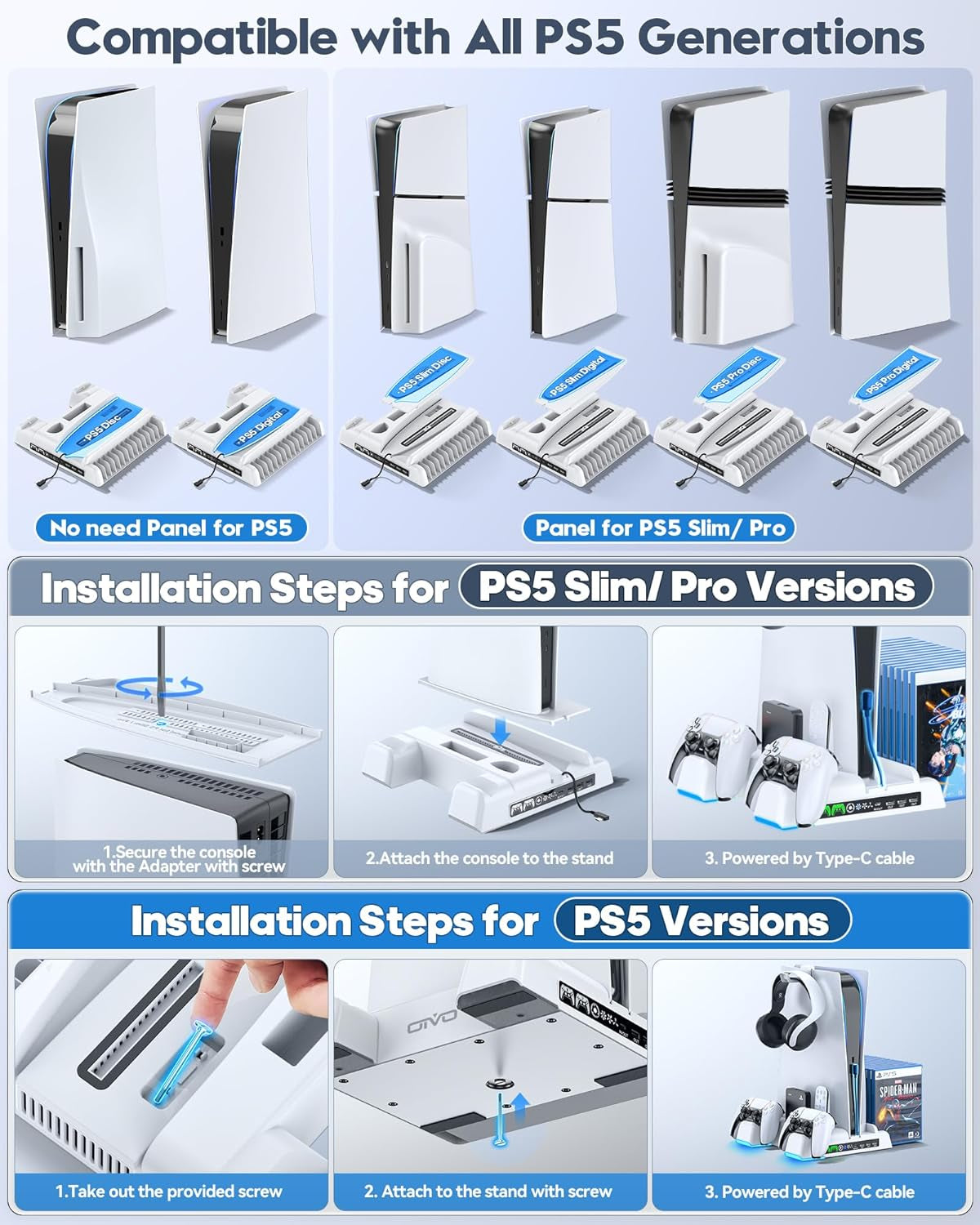 PS5 / PS5 Slim Stand and Cooling Station with LED Controller Charging Station for Playstation 5 Consoles, PS5 Controller Charger, PS5/ PS5 Slim Accessories with 3 Levels Cooling Fan