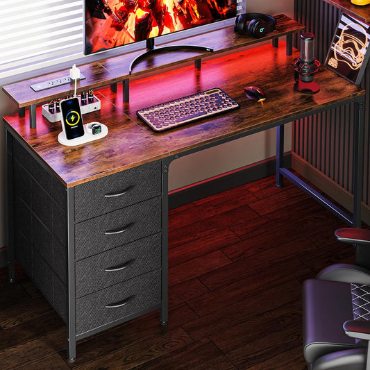 47 Inch Computer Desk with Power Outlets and LED Lights, Gaming Desk with 4 Drawers, Office Desk with Monitor Stand, Study Desk Work Desk for Home Office, Small Spaces, Rustic Brown