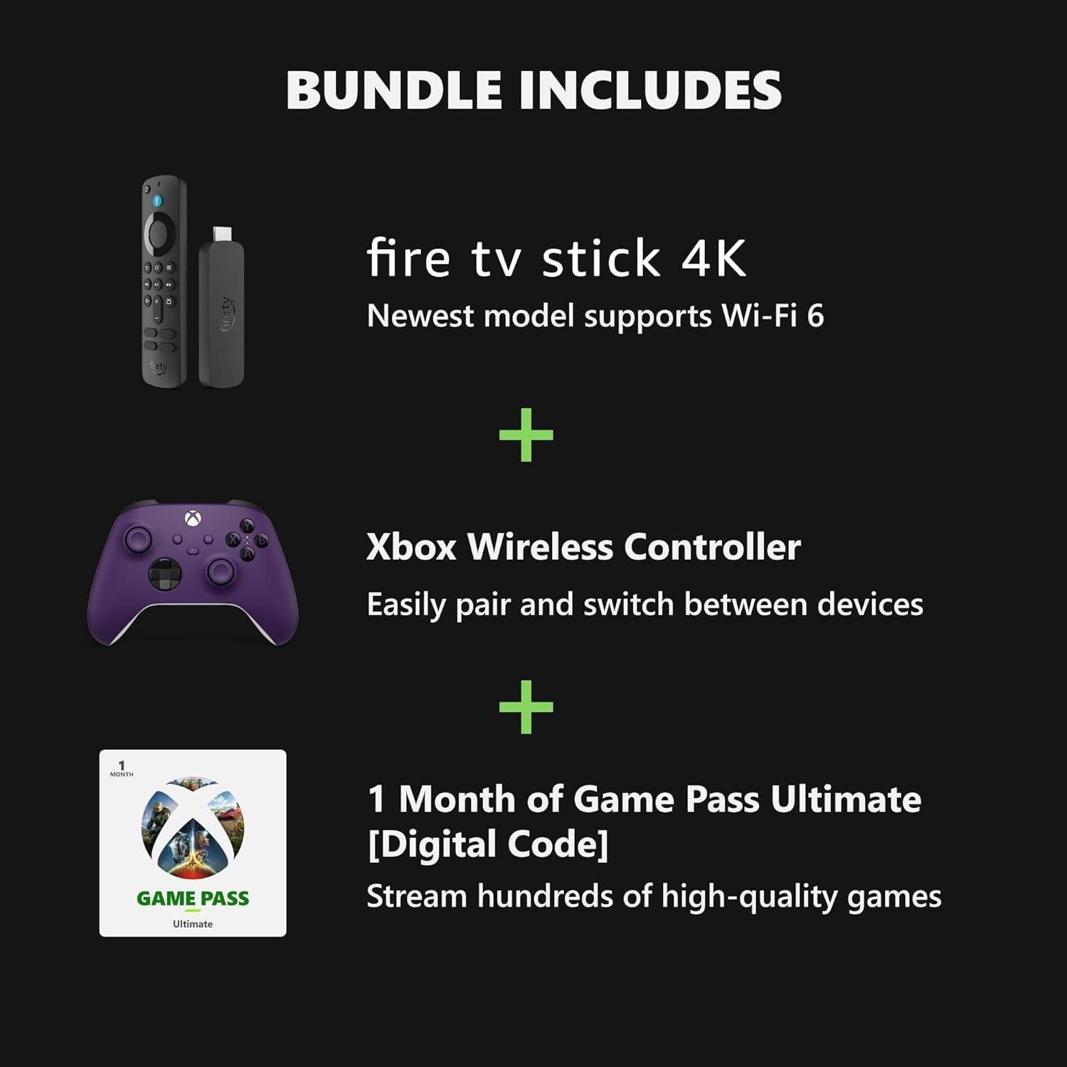 Amazon Fire TV Stick 4K, Astral Purple Core Wireless Controller, and 1 Month Game Pass Ultimate Bundle