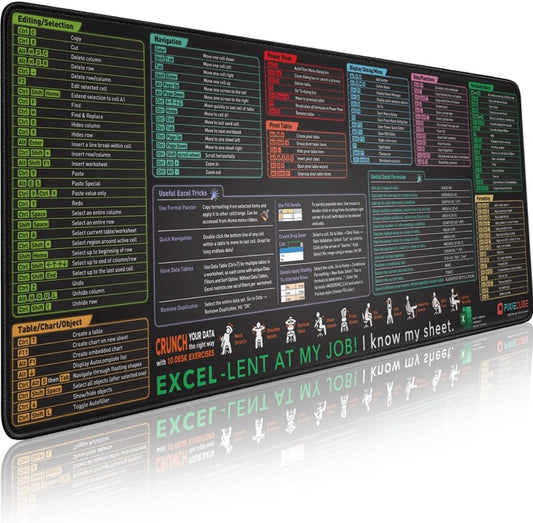 Excel Shortcut Keys Mouse Pad - Extended Large XL Cheat Sheet Gaming Mousepad | PC Office Spreadsheet Keyboard Mat | Non-Slip Stitched Edge