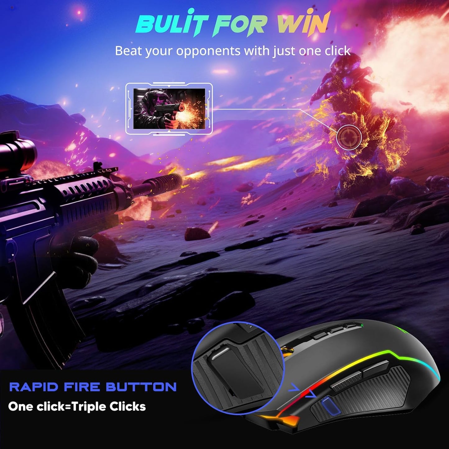 Gaming Mouse, Wireless Mouse Gaming with 8000 DPI, PC Gaming Mice with Fire Button, RGB Backlit Programmable Ergonomic Mouse Gamer, Rechargeable, 70Hrs for Windows, Mac Gamer, Black