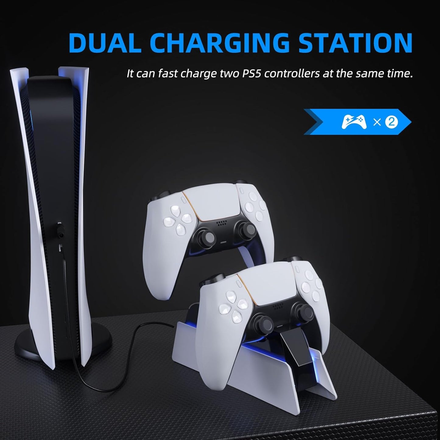 PS5 Controller Charger, PS5 Controller Charging Station Dock, Fast Dual Charging for Dualsense, Playstation 5 Controller with Wireless Controller Accessories, Blue LED On/Off Automatically