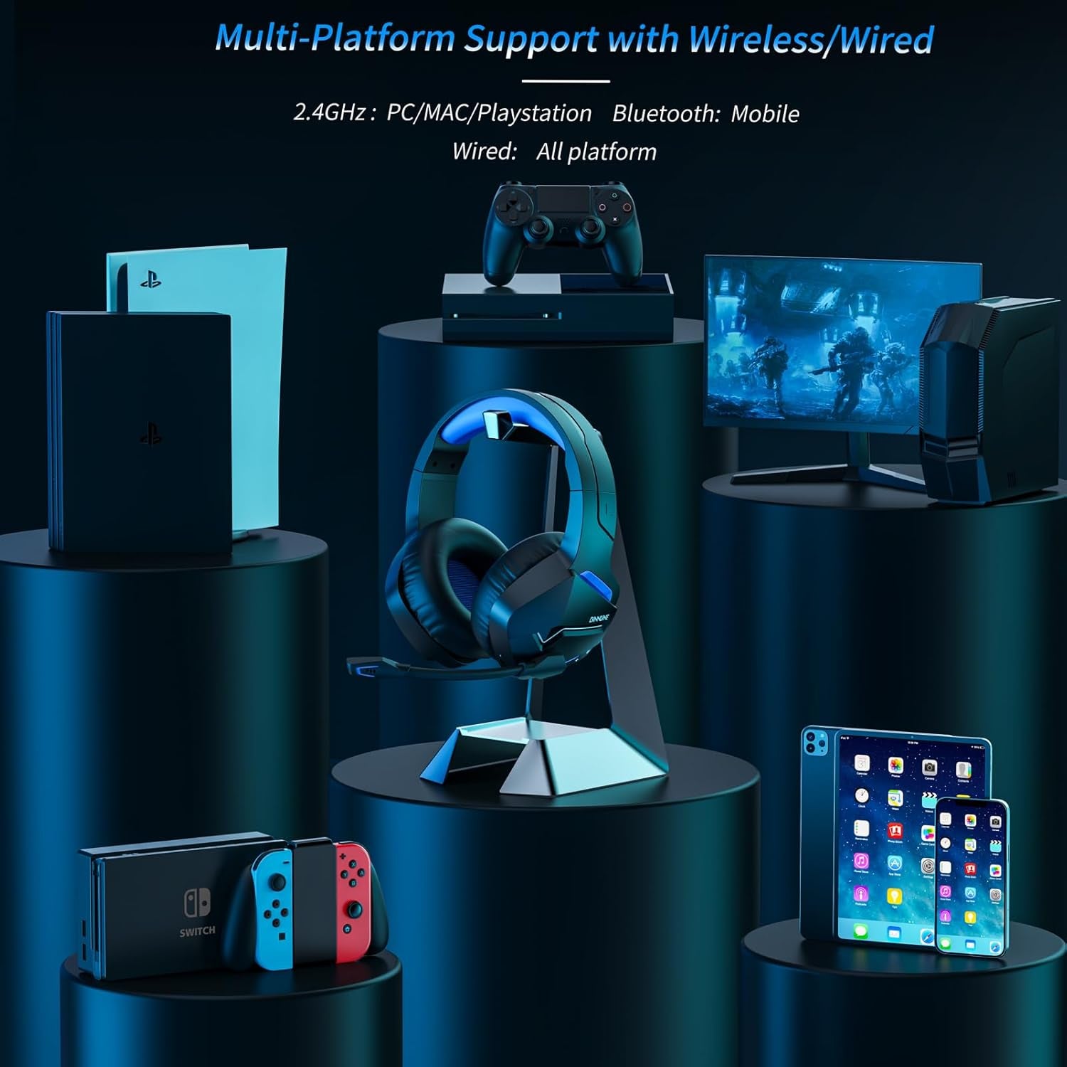 2.4Ghz Wireless Gaming Headset with Microphone for PC PS4 PS5, Bluetooth Gamer Headphones with Mic for Laptop Computer, Blue&Black