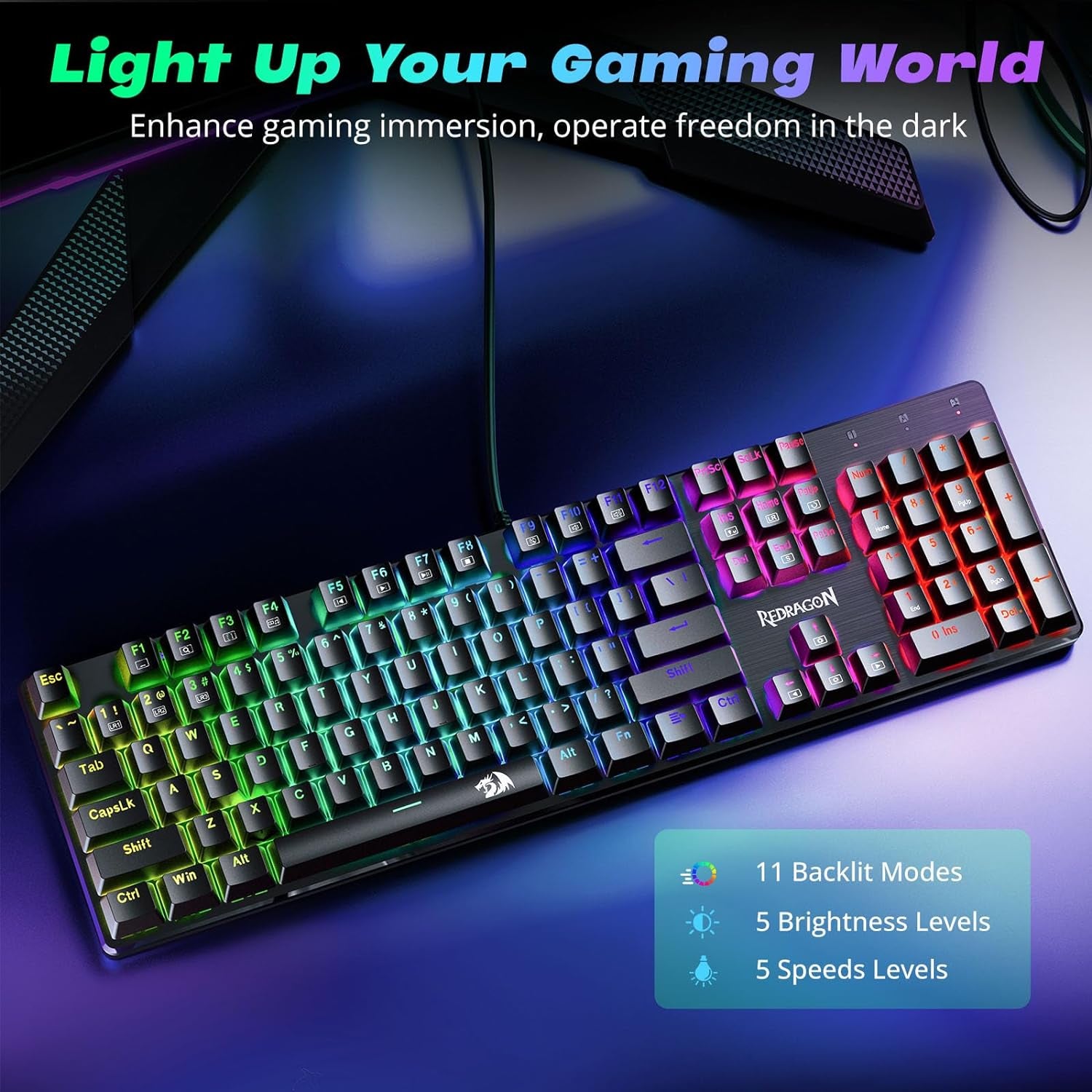 Mechanical Gaming Keyboard, Wired Mechanical Keyboard with 11 Programmable Backlit Modes, Hot-Swappable Red Switch, Anti-Ghosting, Double-Shot PBT Keycaps, Light up Keyboard for PC Mac