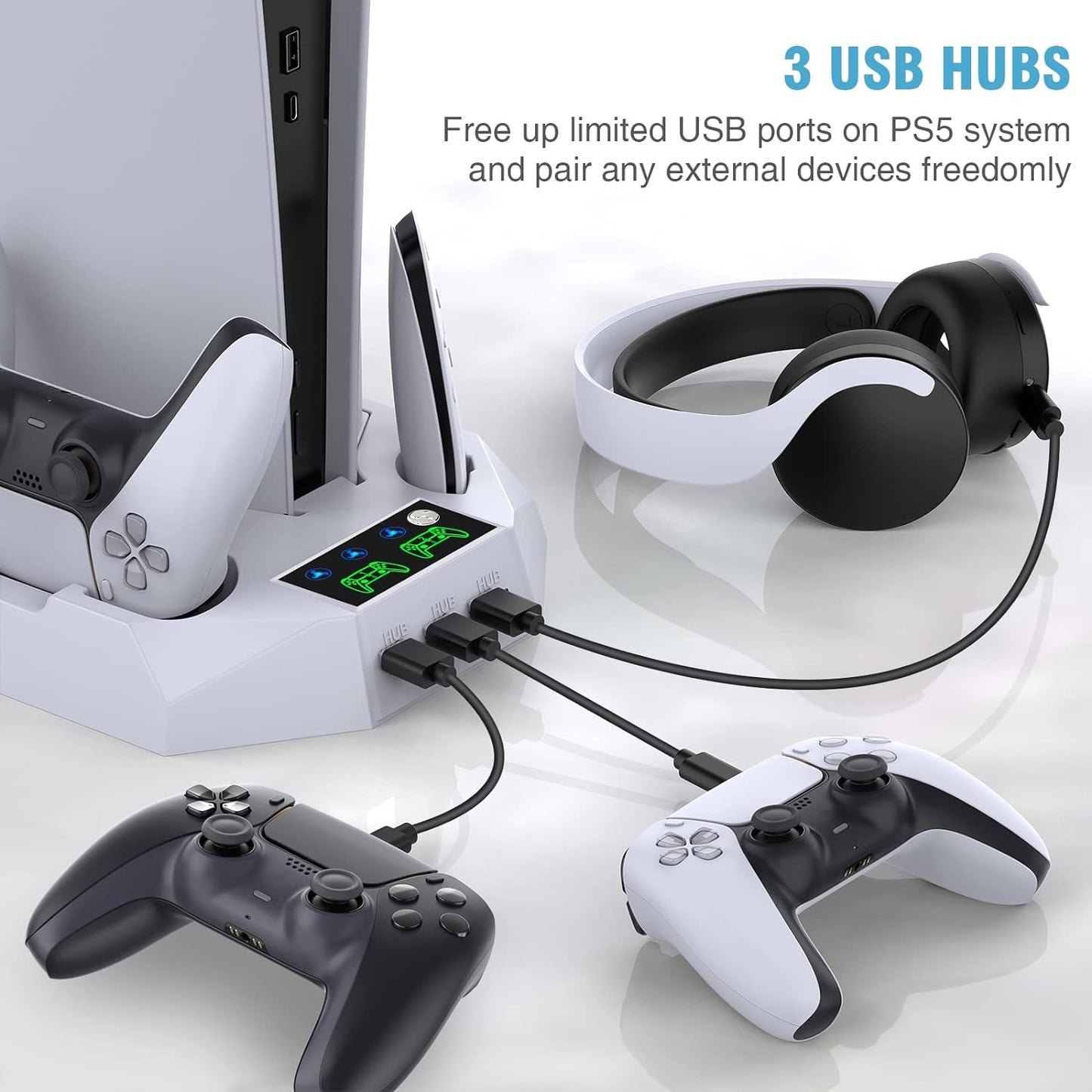 PS5/PS5 Slim/Ps5 Pro Stand and Cooling Station with Dual Controller Charging Station for Playstation 5 Console, PS5 Accessories Incl. Controller Charger, Cooling Fan, Headset Holder, 3 USB Hub, White