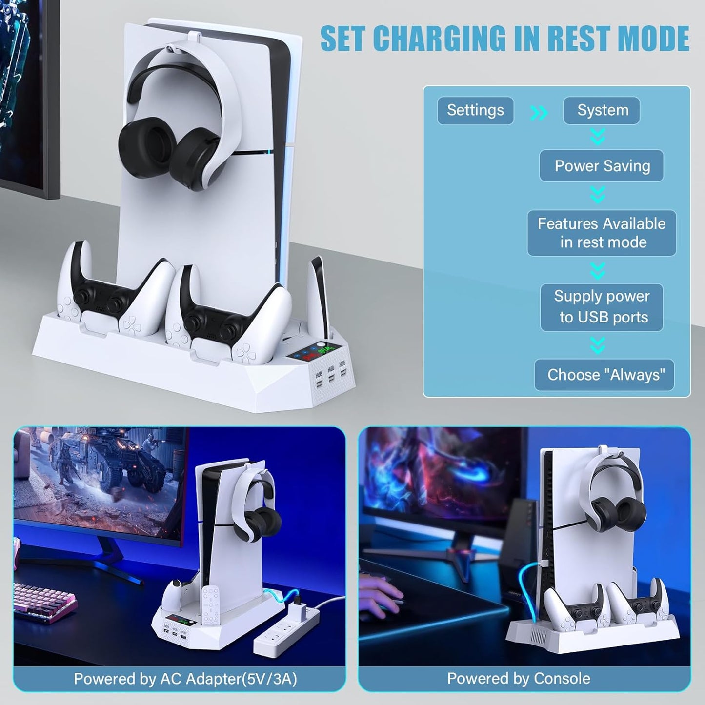 PS5/PS5 Slim/Ps5 Pro Stand and Cooling Station with Dual Controller Charging Station for Playstation 5 Console, PS5 Accessories Incl. Controller Charger, Cooling Fan, Headset Holder, 3 USB Hub, White