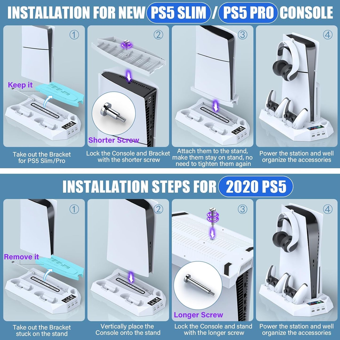 PS5/PS5 Slim/Ps5 Pro Stand and Cooling Station with Dual Controller Charging Station for Playstation 5 Console, PS5 Accessories Incl. Controller Charger, Cooling Fan, Headset Holder, 3 USB Hub, White