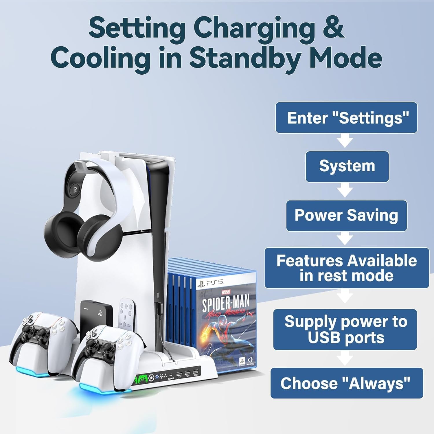 PS5 / PS5 Slim Stand and Cooling Station with LED Controller Charging Station for Playstation 5 Consoles, PS5 Controller Charger, PS5/ PS5 Slim Accessories with 3 Levels Cooling Fan