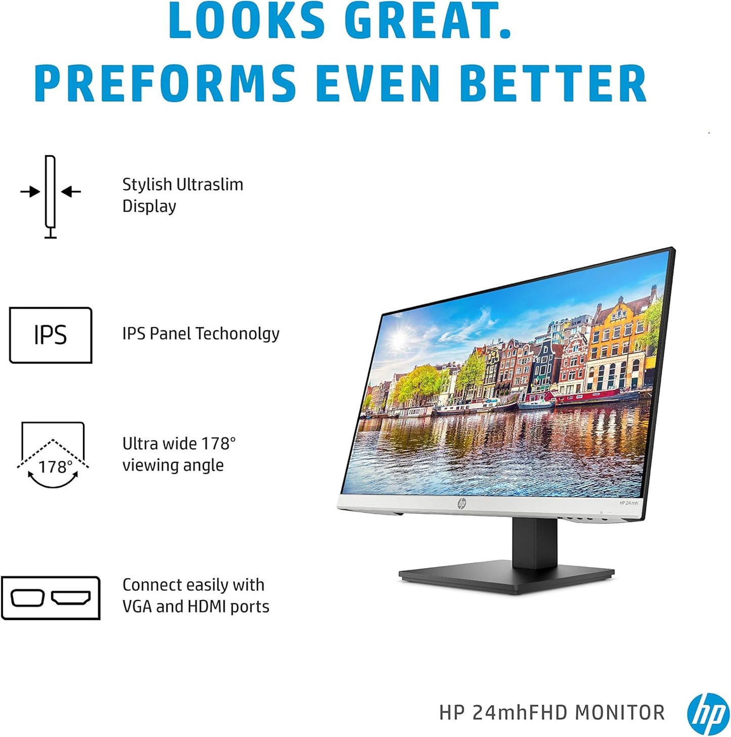 24Mh FHD Computer Monitor with 23.8-Inch IPS Display (1080P) - Built-In Speakers and VESA Mounting - Height/Tilt Adjustment for Ergonomic Viewing - HDMI and Displayport - (1D0J9AA#ABA)