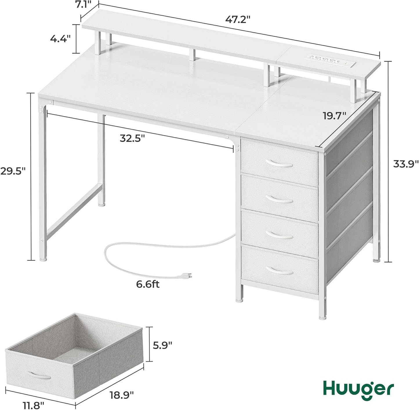 47 Inch Computer Desk with Power Outlets and LED Lights, Gaming Desk with 4 Drawers, Office Desk with Monitor Stand, Study Desk Work Desk for Home Office, Small Spaces, White