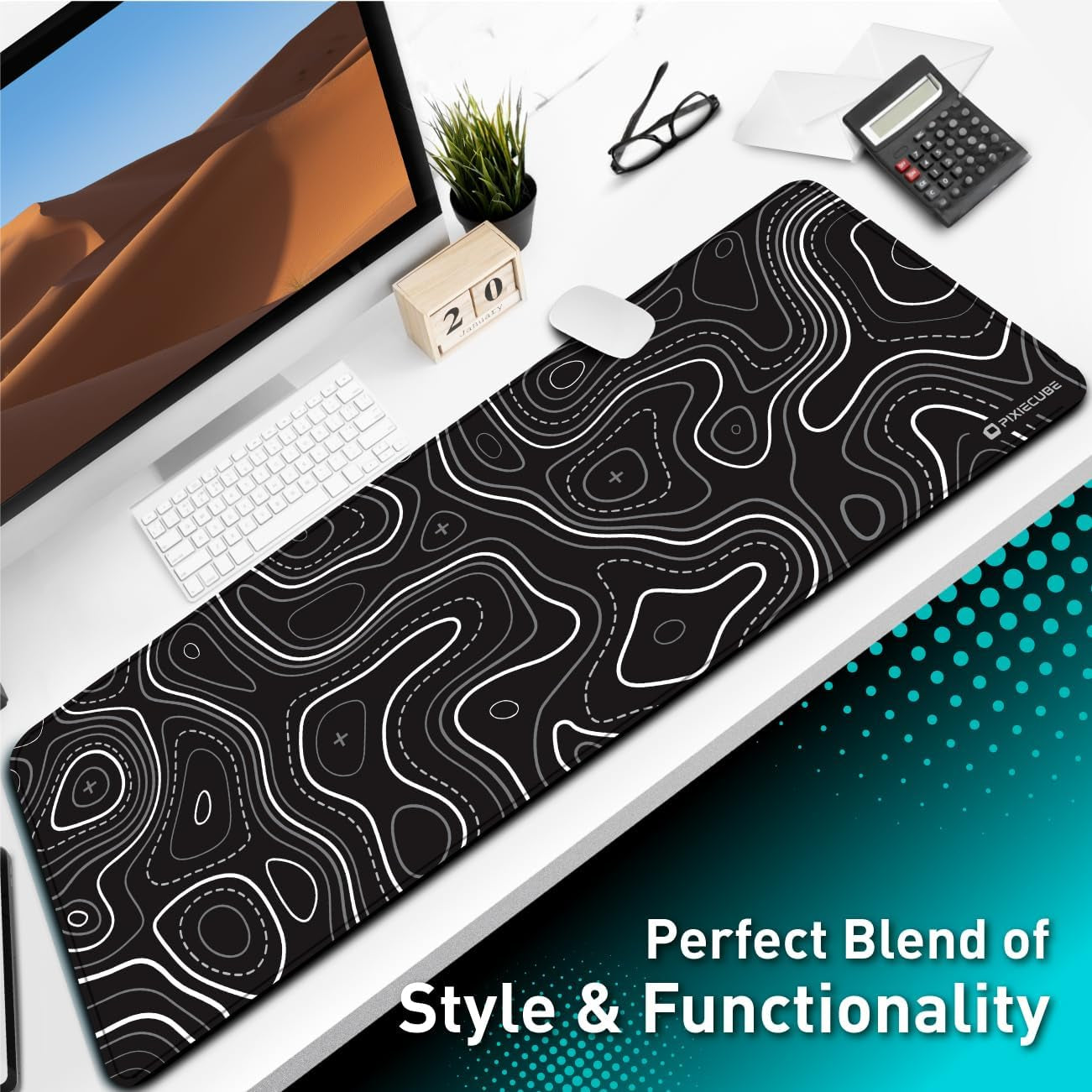 Minimalist Topographic Map Mouse Pad - Contour Extended Large Stitch Edge Mousepad. Black & White Non-Slip XL Gaming Desk Mat