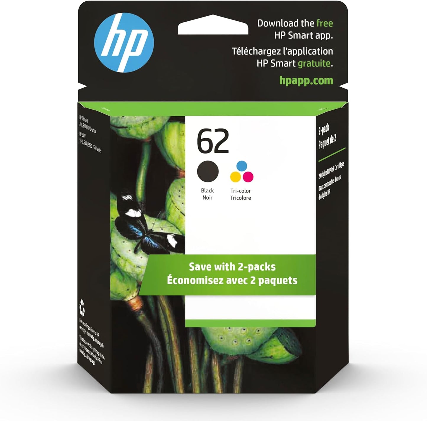 62 Black/Tri-Color Ink (2-Pack) | Works with  ENVY 5540, 5640, 5660, 7640 Series,  Officejet 5740, 8040 Series,  Officejet Mobile 200, 250 Series | Eligible for Instant Ink | N9H64FN