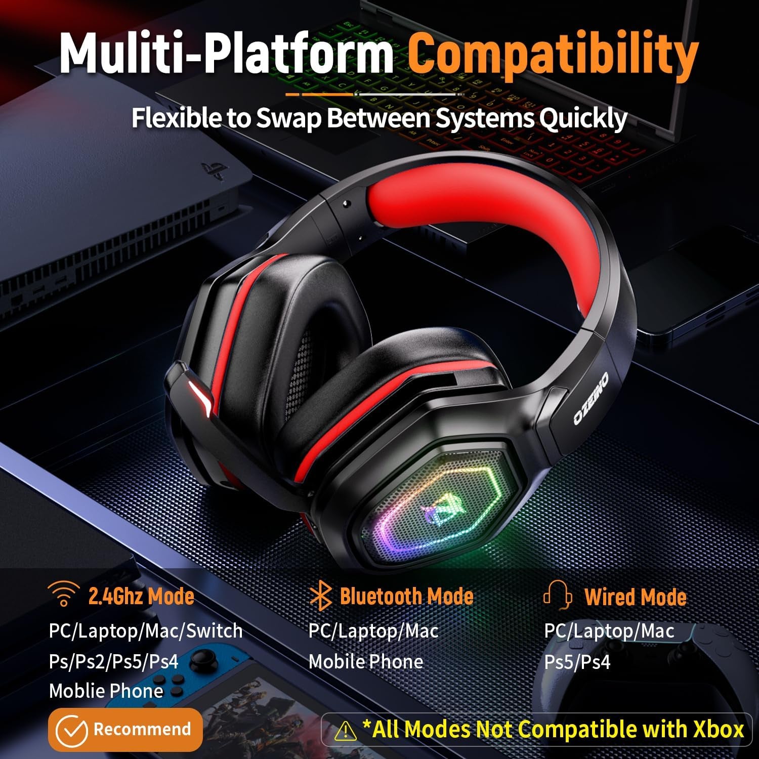 Wireless Gaming Headset with Flip Microphone