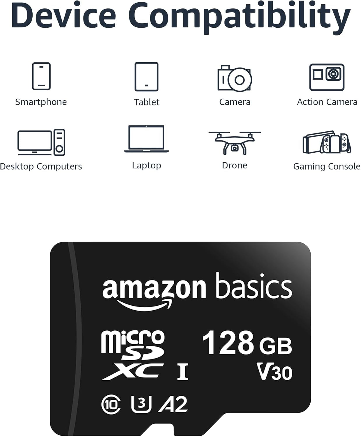 Micro SDXC Memory Card with Full Size Adapter, A2, U3, Read Speed up to 100 Mb/S, 128 GB, Black