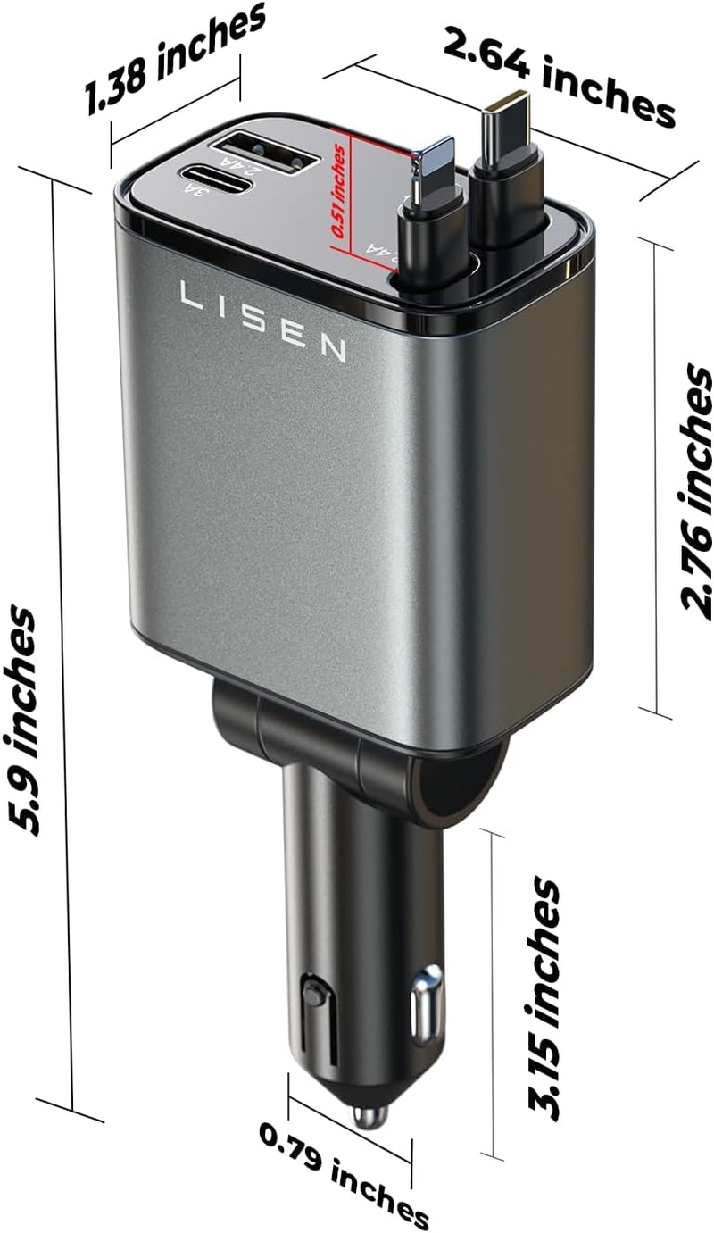 Retractable Car Charger [69W USB C Car Charger Adapter] for Iphone 16 Car Charger Fast Charging, Travel Essential Gifts for Women Men, Car Accessories USBC Car Charger for Iphone 16 15 14, Gray