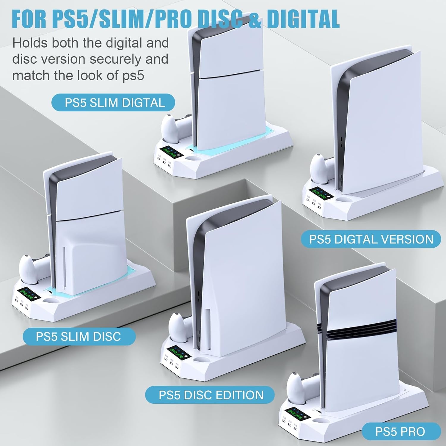 PS5/PS5 Slim/Ps5 Pro Stand and Cooling Station with Dual Controller Charging Station for Playstation 5 Console, PS5 Accessories Incl. Controller Charger, Cooling Fan, Headset Holder, 3 USB Hub, White