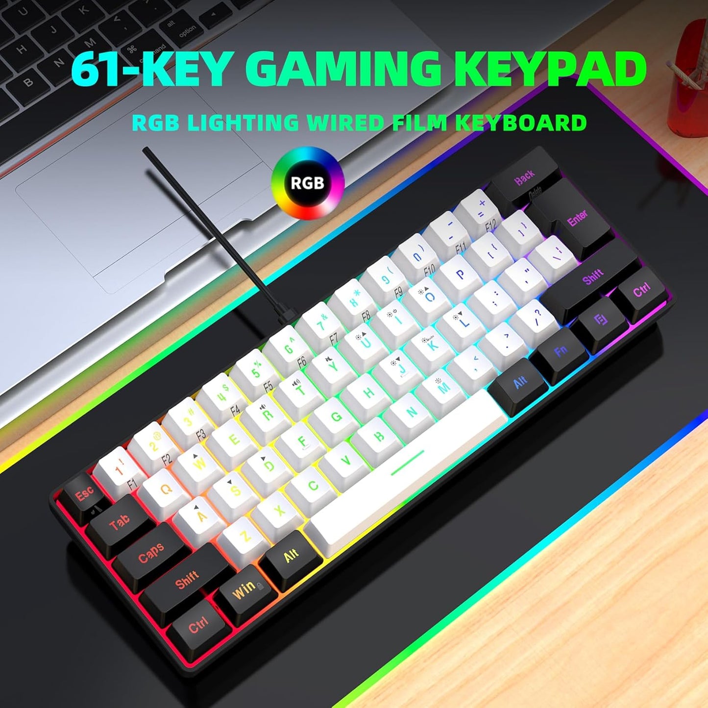 60% Wired Gaming Keyboard, RGB Backlit Mini Keyboard, Waterproof Small Ultra-Compact 61 Keys Keyboard for Pc/Mac Gamer, Typist, Travel, Easy to Carry on Business Trip(Black-White)