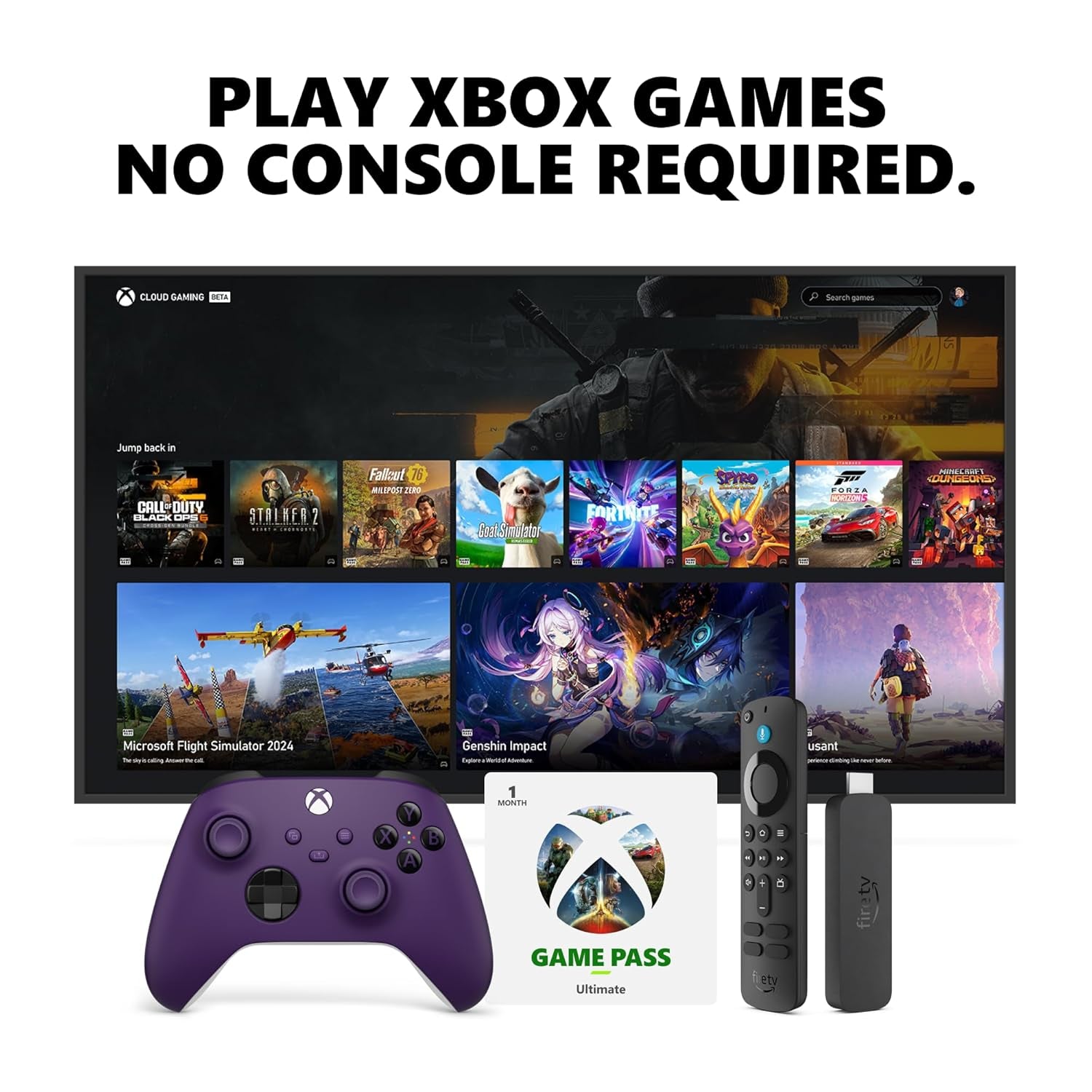 Amazon Fire TV Stick 4K, Astral Purple Core Wireless Controller, and 1 Month Game Pass Ultimate Bundle