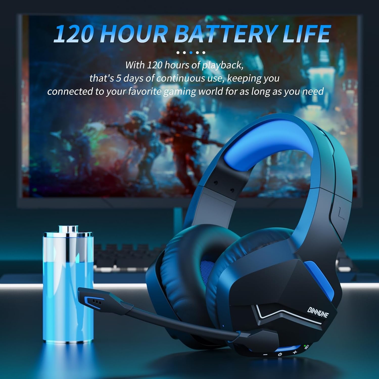 2.4Ghz Wireless Gaming Headset with Microphone for PC PS4 PS5, Bluetooth Gamer Headphones with Mic for Laptop Computer, Blue&Black