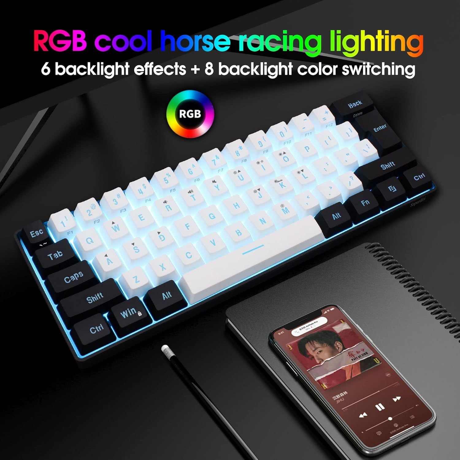 60% Wired Gaming Keyboard, RGB Backlit Mini Keyboard, Waterproof Small Ultra-Compact 61 Keys Keyboard for Pc/Mac Gamer, Typist, Travel, Easy to Carry on Business Trip(Black-White)