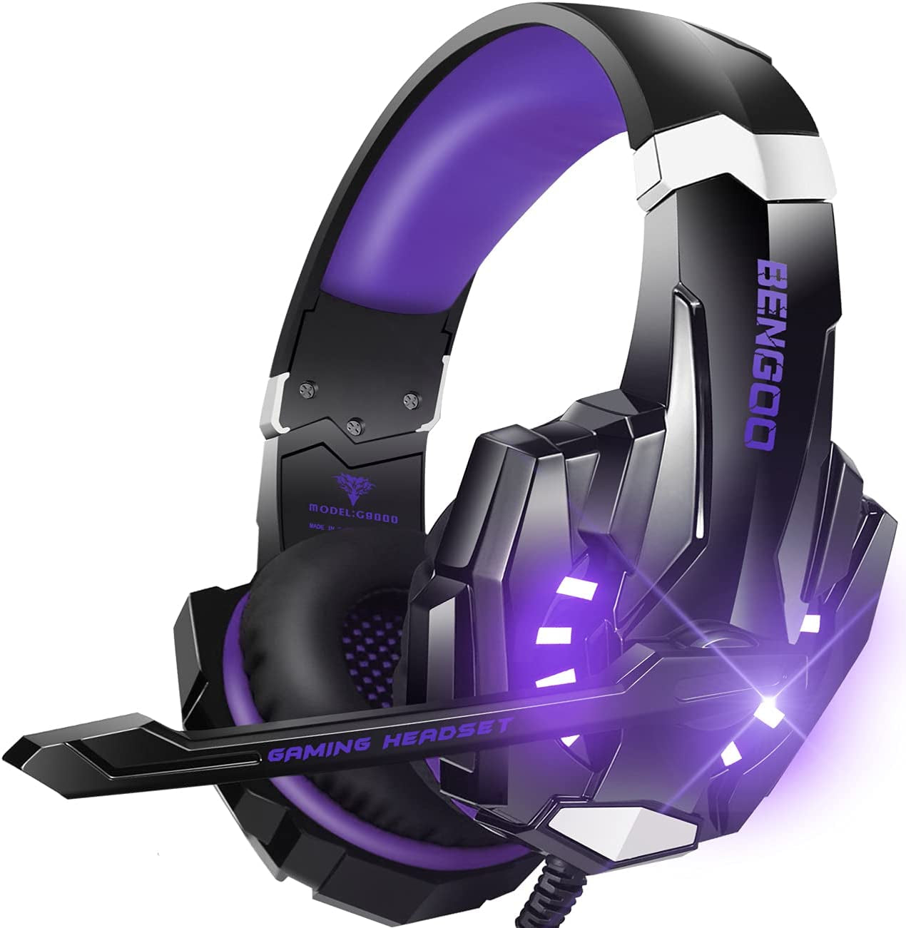 G9000 Stereo Gaming Headset for PS5, PS4, PC, Xbox One Controller, Noise Cancelling over Ear Headphones with Mic, LED Light, Bass Surround, Soft Memory Earmuffs - Purple