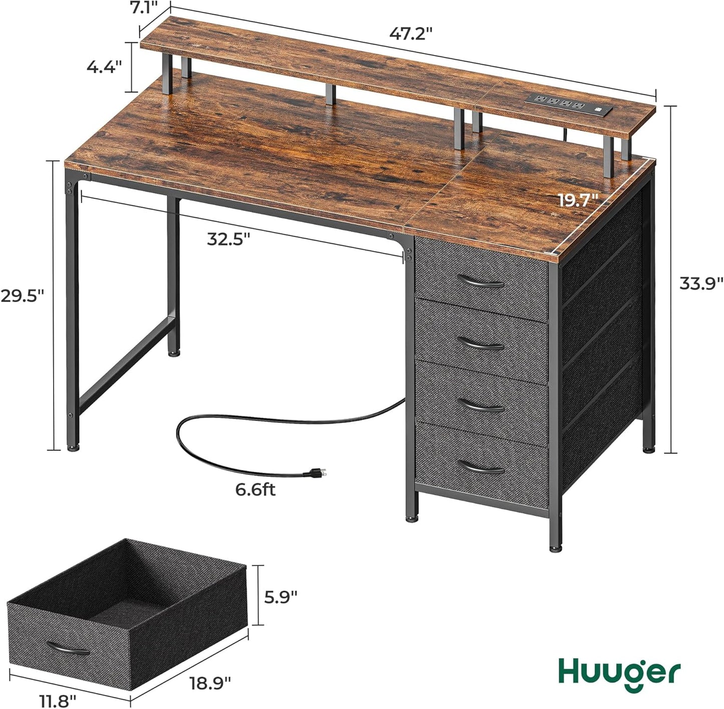 47 Inch Computer Desk with Power Outlets and LED Lights, Gaming Desk with 4 Drawers, Office Desk with Monitor Stand, Study Desk Work Desk for Home Office, Small Spaces, Rustic Brown