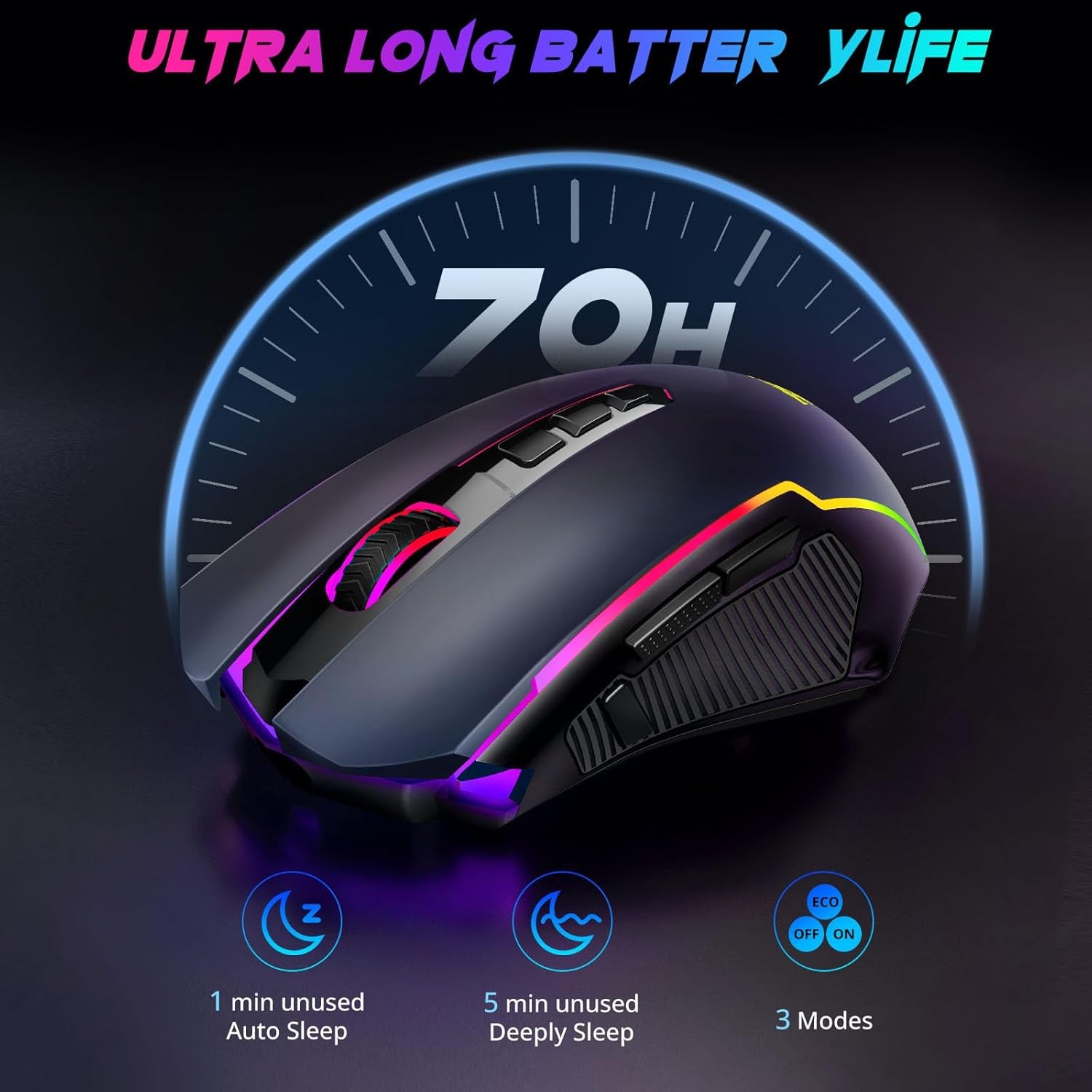 Gaming Mouse, Wireless Mouse Gaming with 8000 DPI, PC Gaming Mice with Fire Button, RGB Backlit Programmable Ergonomic Mouse Gamer, Rechargeable, 70Hrs for Windows, Mac Gamer, Black