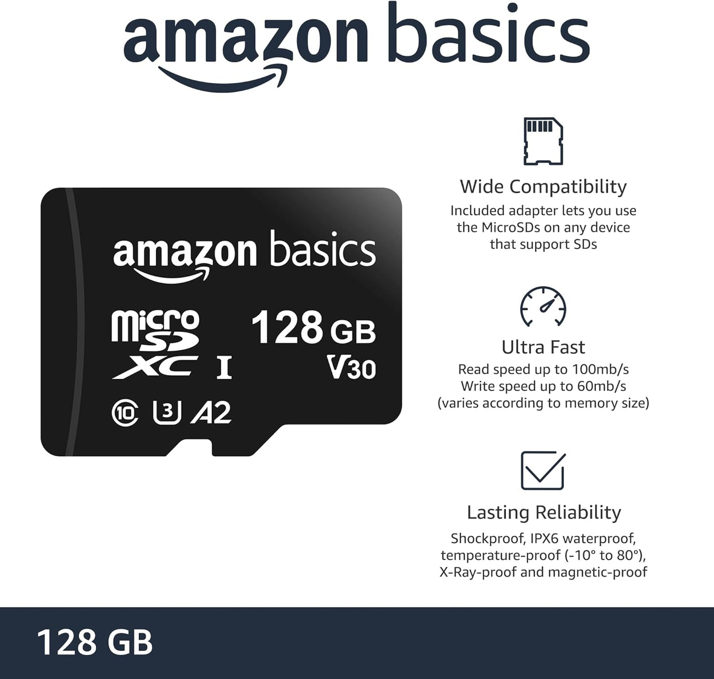 Micro SDXC Memory Card with Full Size Adapter, A2, U3, Read Speed up to 100 Mb/S, 128 GB, Black