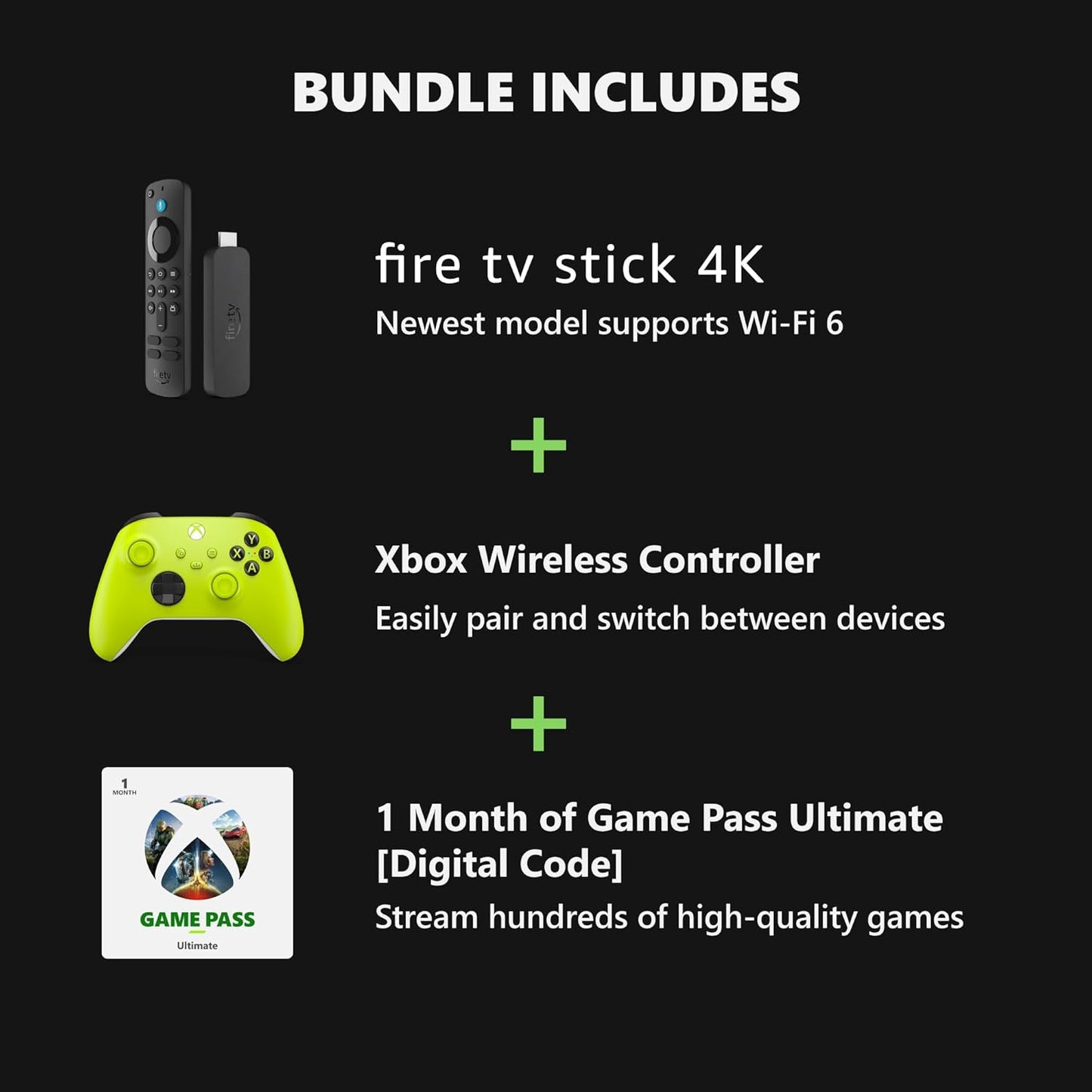 Amazon Fire TV Stick 4K, Electric Volt Core Wireless Controller, and 1 Month Game Pass Ultimate Bundle