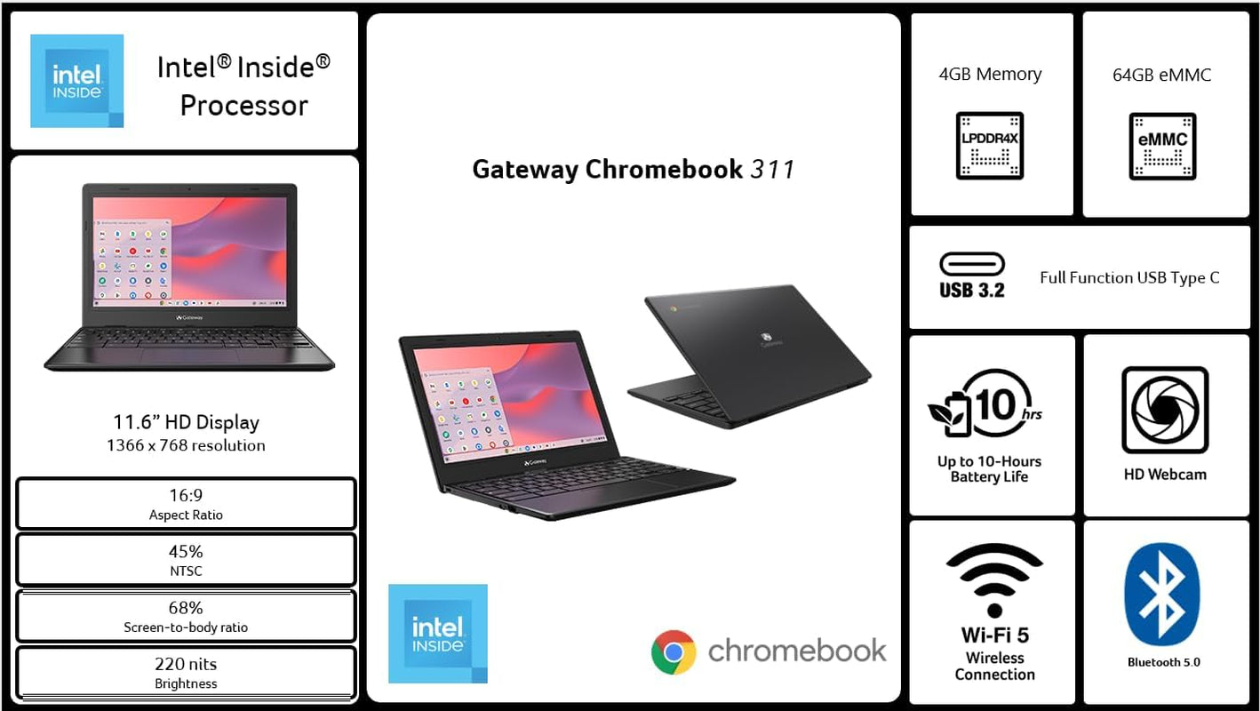 Gateway Chromebook 311 CBO311-1H-C1MX Laptop | Intel Celeron N4500 | 11.6" HD (1366 X 768) Display | 4GB LPDDR4X | 64GB Emmc | Wi-Fi 5 802.11Ac | Chrome OS | Star Black