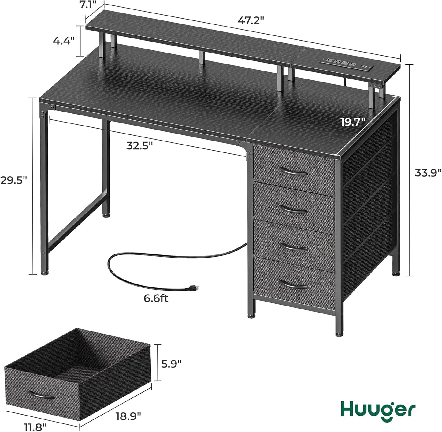 47 Inch Computer Desk with Power Outlets and LED Lights, Gaming Desk with 4 Drawers, Office Desk with Monitor Stand, Study Desk Work Desk for Home Office, Small Spaces, Black