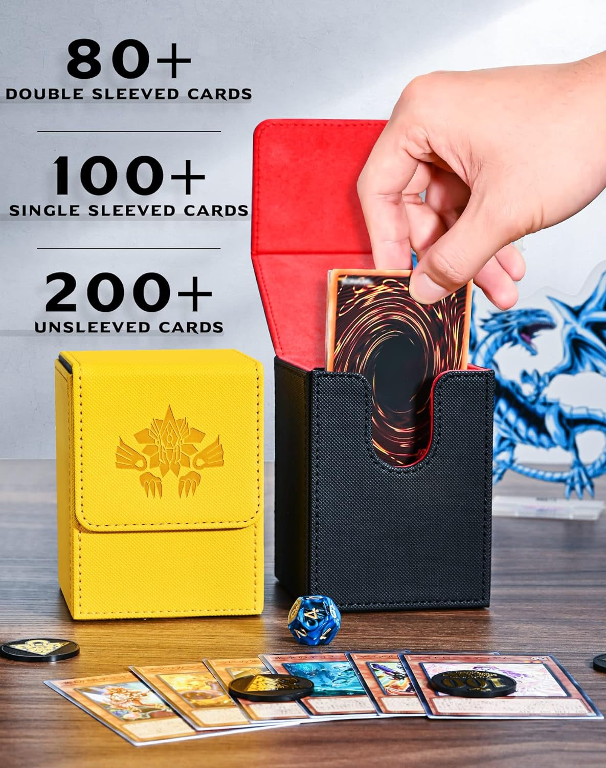 Card Deck Box for Yugioh MTG Cards, 100+ Deck Case with 2 Dividers Fits TCG CCG, PU Leather Card Storage Box Compatible with Collectible Trading Cards (Black&Red, Sky Dragon)