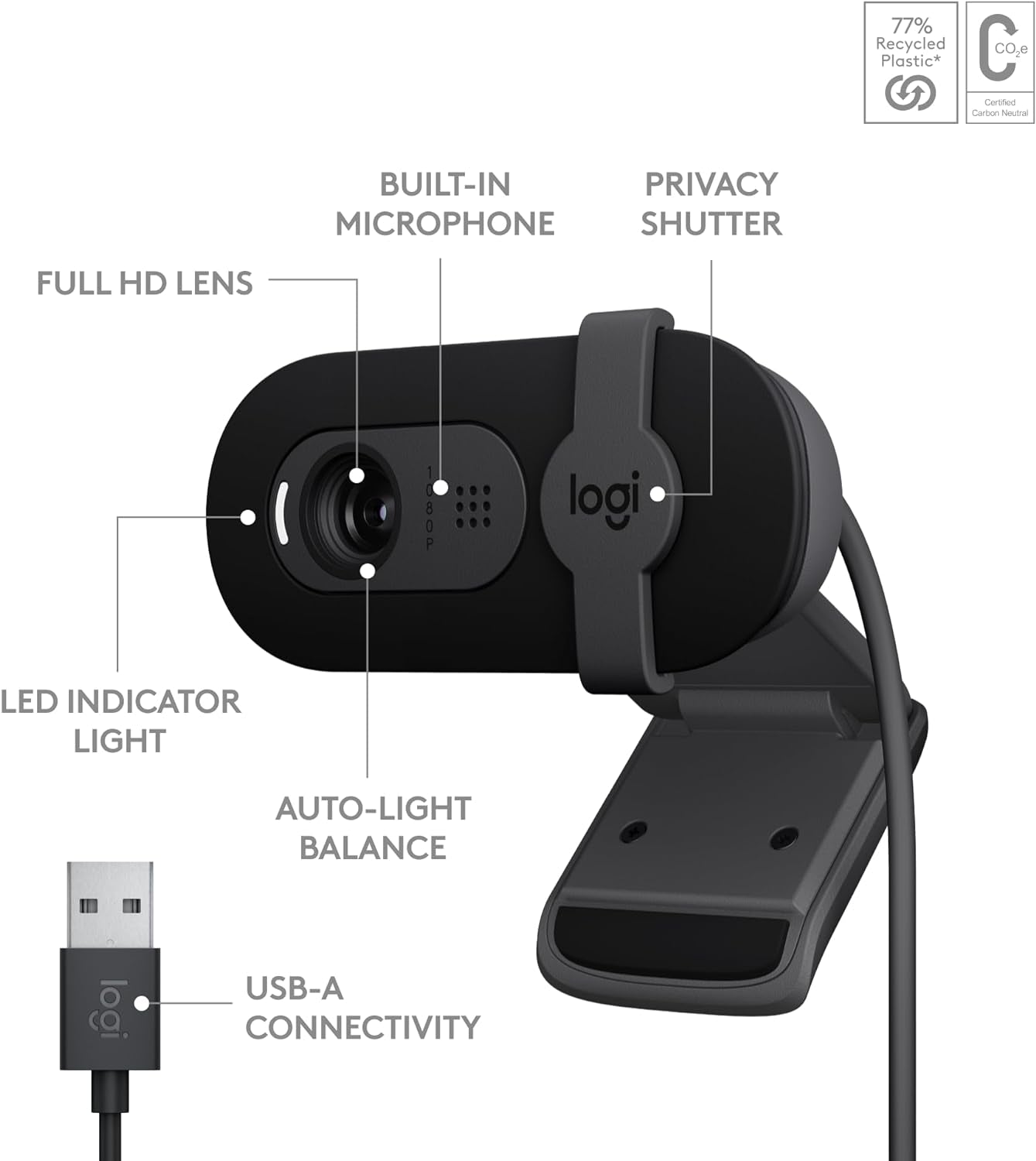 Brio 101 Full HD 1080P Webcam Made for Meetings and Works for Streaming — Auto-Light Balance, Built-In Mic, Privacy Shutter, USB-A, for Microsoft Teams, Google Meet, Zoom, and More - Black