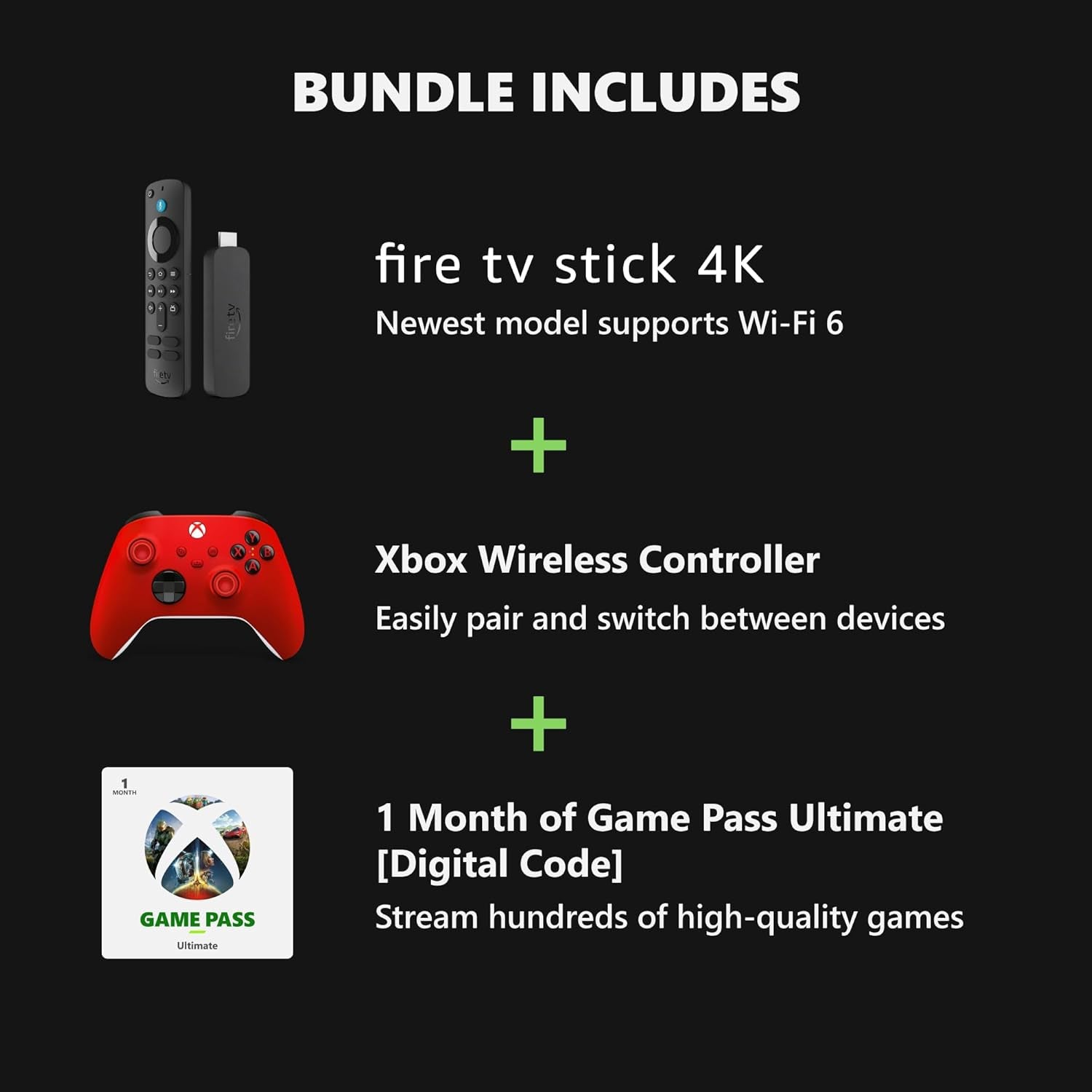 Amazon Fire TV Stick 4K, Pulse Red Core Wireless Controller, and 1 Month Game Pass Ultimate Bundle