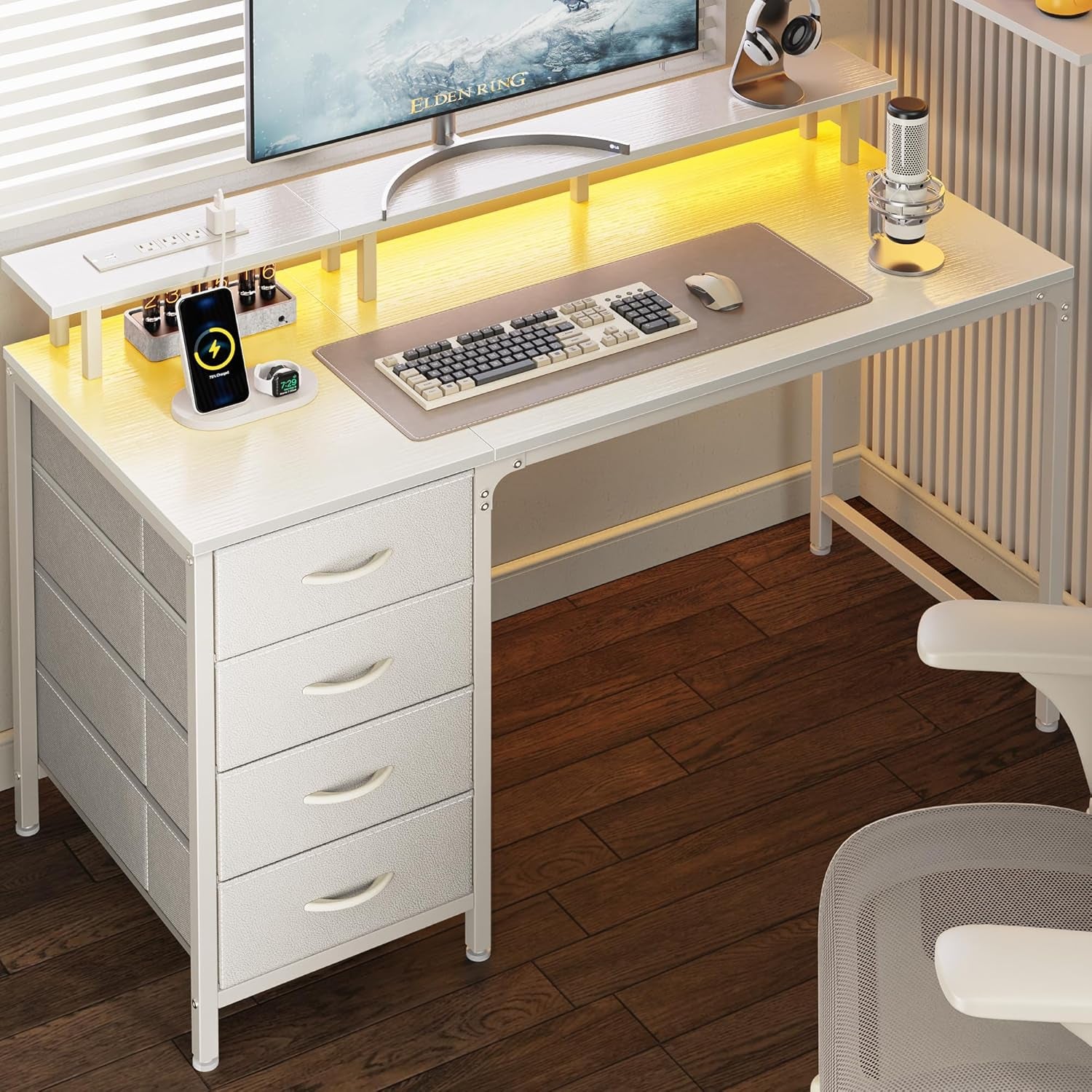 47 Inch Computer Desk with Power Outlets and LED Lights, Gaming Desk with 4 Drawers, Office Desk with Monitor Stand, Study Desk Work Desk for Home Office, Small Spaces, White