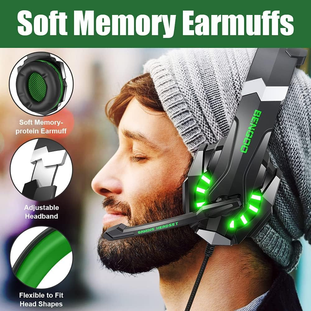 G9000 Stereo Gaming Headset for PS4 PC Xbox One PS5 Controller, Noise Cancelling over Ear Headphones with Mic, LED Light, Bass Surround, Soft Memory Earmuffs for Laptop Mac - Green