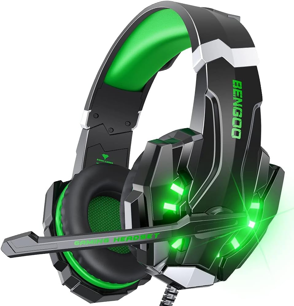 G9000 Stereo Gaming Headset for PS4 PC Xbox One PS5 Controller, Noise Cancelling over Ear Headphones with Mic, LED Light, Bass Surround, Soft Memory Earmuffs for Laptop Mac - Green