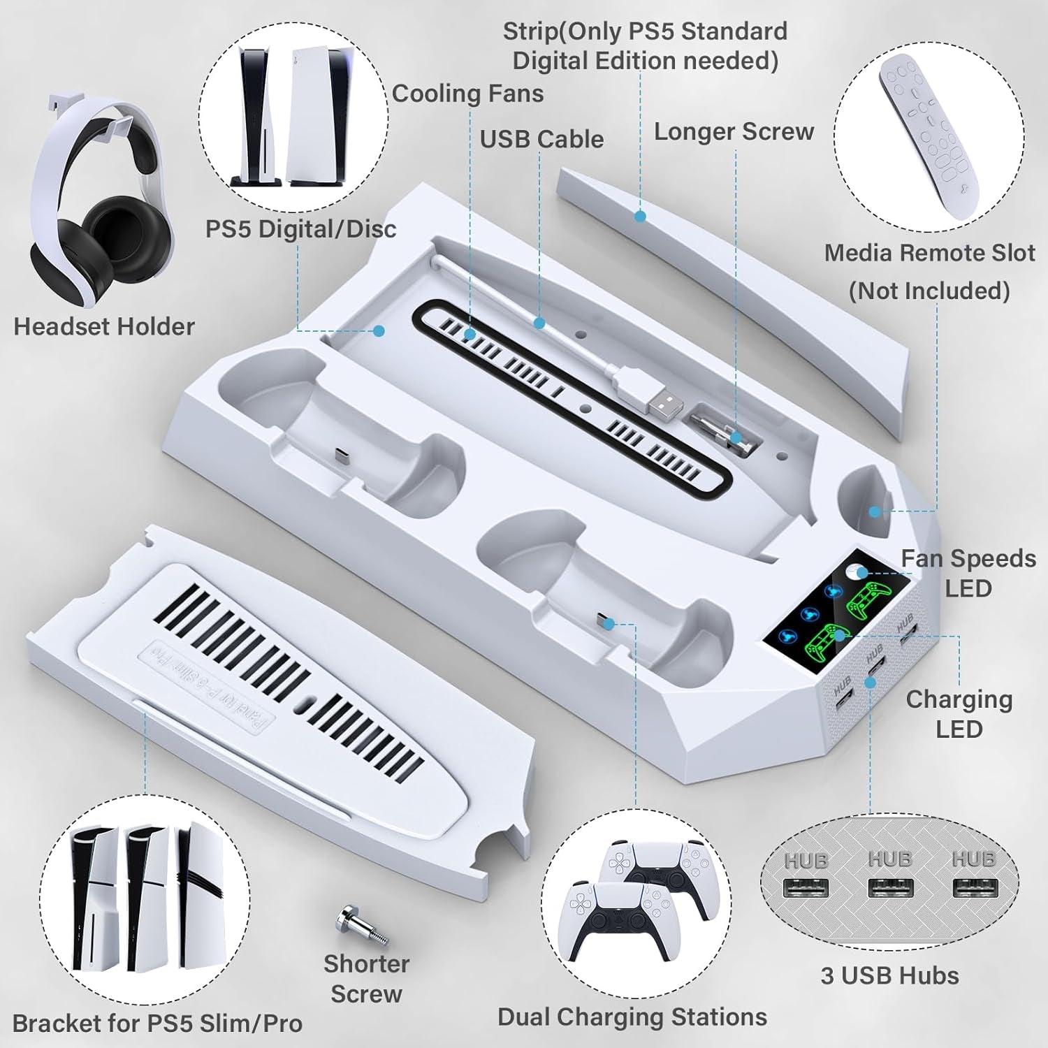 PS5/PS5 Slim/Ps5 Pro Stand and Cooling Station with Dual Controller Charging Station for Playstation 5 Console, PS5 Accessories Incl. Controller Charger, Cooling Fan, Headset Holder, 3 USB Hub, White